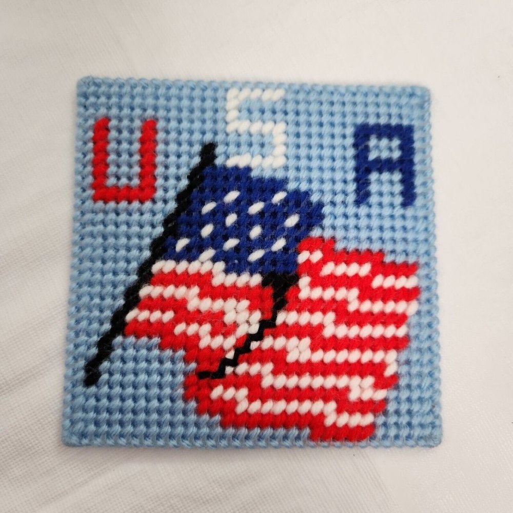 USA Flag Plastic Canvas Drink Coaster Handmade